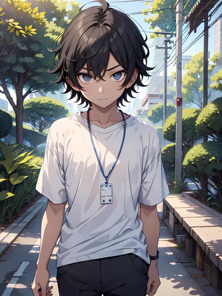 1boy, male, solo, age13, black hair, black eyes, detailed eyes, wearing white t-shirt untucked (short sleeves), wearing blue lanyard, wearing black slux pants, anime, high quality
