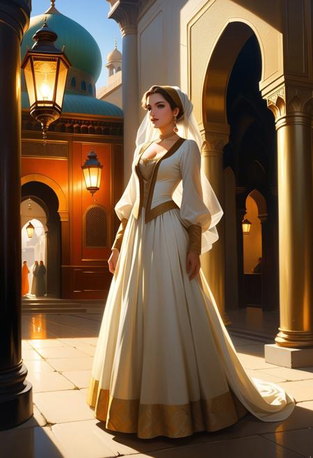 A Arab princess in Fine Day to Exit, top hard light, Dark environment, highly detailed, masterful painting in the style of Anders Zorn | Marco Mazzoni | Yuri Ivanovich, Aleksi Briclot, Jeff Simpson, oil on canvas. Street view of a huge, elaborate, grand, gilded Steampunk Ottoman mosque, at night. Vivid colours and deep shadows. Bright 17th century clothing. Outdoors. Exterior. Space illuminated by fires and lanterns.