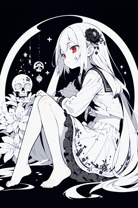 1girl, solo, serafuku, tattoo, long straight hair, red eyes, miserable, ephemeral, innocent, daydreaming, lycoris garden, lycoris, barefoot, guilty, death Incense, abyss dome, expressionless, poison smog, death sentence, karma, regret, agony, monochrome, from side, looking away, black background