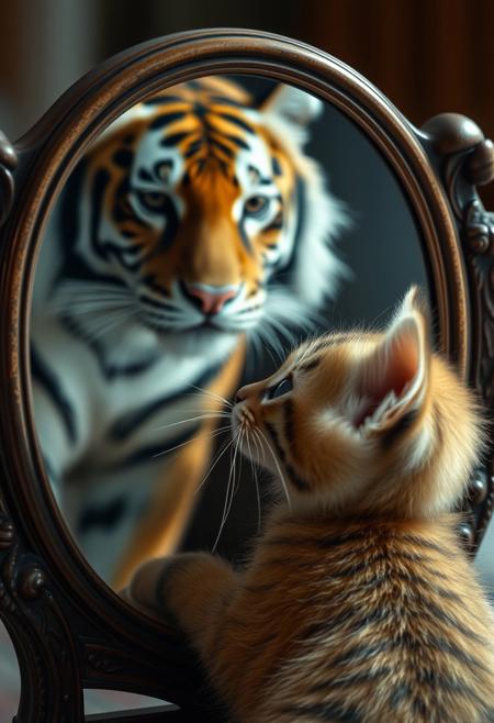 A cute kitten looking in the mirror and seeing an elegant tiger reflection, high resolution, highly detailed, photorealistic, cinematic