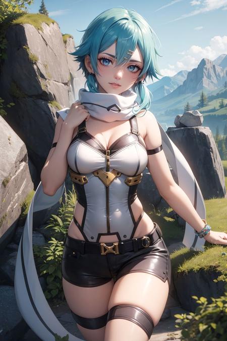 sinon, aqua hair, hair ornament, shorts, scarf