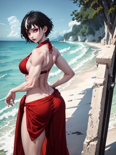 (masterpiece, best quality), outdoors, ocean, from side, looking back, btsub, 1girl, solo, makeup, red eyes, black hair, large breasts, short hair, streaked hair, <lyco:BlytheSubverse_V1-Manityro:0.8>, red bikini, sarong, toned, biceps