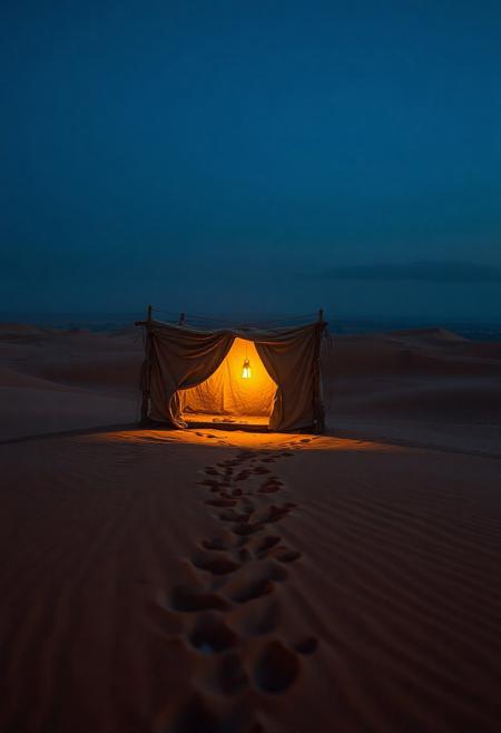 A nostalgic 4K desert scene at golden hour — endless dunes bathed in deep blue twilight, soft mist hovering near the horizon. A weathered caravan stands still, its fabric gently fluttering in the breeze. Faint lantern light flickers inside, casting long shadows on the sand. Footprints trail off into the distance. The air is still, heavy with memories. Perfect for a slow dolly shot — cinematic framing, emotional atmosphere, deep focus, soft grain, One Heart style, ultra-detailed, warm and cool tones blending in harmony.