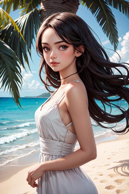 best quality, high detail, (detailed face), detailed eyes,((best quality, masterpiece)), beautiful and aesthetic, perfect lighting, The image features a beautiful young woman with long hair, standing on a beach near the ocean. She is wearing a white dress and appears to be posing for a picture. The beach is lined with palm trees, creating a serene and tropical atmosphere. The woman is the main focus of the image, capturing the viewer's attention with her elegant pose and stunning beauty,,<lora:more_details:0.3> <lyco:GPTS4 dreamwave full_478773:0.3> <lyco:GoodHands-beta2:1>