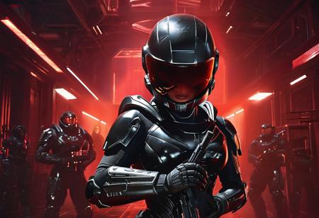 halo, female halo Spartan in feminine black armor standing, sci-fi military armory, 2 rayguns in hands, arms crossed in an X, red lighting, action scene, Unreal Engine 5, 3D Anime, intricate details, detailed, saturated, dramatic, emotional, cinematic, high contrast,