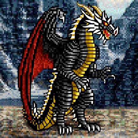 Original HoMM2 style full-height Black Dragon creature on a warlock faction background,  warlock creature, warlock faction creature, warlock background, warlock faction background, towering cliffs, jagged peaks, rugged terrain, mountainous region, full-height, full-height character, side view, black dragon, red dragon upgrade, upgraded red dragon, stands on two legs, black scales, large wings, golden scales underbelly, golden neck frill, golden crest, golden tail, white horns, red eyes, level 6++ creature, tier 6++ creature, large size type, melee attack type, flying movement type, creature upgrade, upgraded creature, original HoMM2 style, HoMM2, HoMM2 style, Heroes of Might and Magic 2, by Tracy Iwata.
