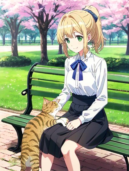 best quality, masterpiece, highres, detailed, perfect anatomy,  <lora:Detail - add_detail:0.2>, <lora:TeresaW:0.8>, TeresaW, ponytail, happy, blonde hair, white blouse, black skirt, blue ribbon, green eyes, sakura, sitting on park bench with cat, petting cat, gentle smile,