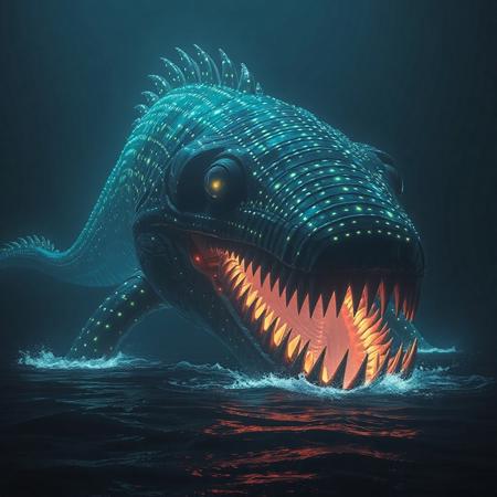 A colossal, deep-sea leviathan with a body covered in bioluminescent markings that glow with an otherworldly light. The creature's eyes are large and reflective, and its mouth is filled with rows of sharp, needle-like teeth. The leviathan moves with a slow, menacing grace, casting an eerie light on the surrounding waters, 
in the style of decaying animatronic, in the style of an old 80's dark fantasy