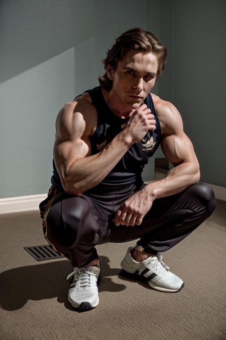 photo of  (sigmabale) <lora:SigmaBaleDogu2mini:1>  ,(squatting on the ground:1.3), (wearing adidas trackpants:1.2) , solo, portrait shot, 8k uhd, dslr, high quality, film grain, Fujifilm XT3