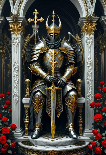 Featuring a dark comic style reminiscent of High Gothic and Dark Fantasy themes, this artwork is inspired by the atmospheres of Dark Souls and Elden Rings. It showcases a cursed, gothic high cottagecore setting with a majestic angelic knight adorned in beautiful ornamental gold and silver armor from the 15th century. The knight, holding a silver spear, sits on a throne surrounded by white, crimson, and black roses. The illustrations are intricately detailed with curvilinear shapes, but may be criticized for their ugliness and the poor quality of certain aspects, such as the hands, feet, and face. Additionally, some elements may be out of frame, following the style of Mathieu Schelleken.