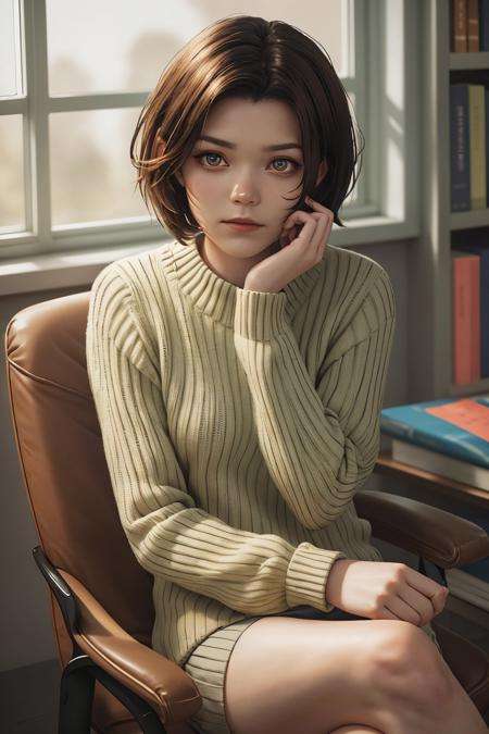 (shot from a Dutch angle, closeup on face:1.2) photo of <lora:tenletters_v1:.9> tenletters, she is wearing ribbed sweater , she is wearing spiked bracelet, her hair is styled as short choppy hair, BREAK she is (sitting in a comfy chair at the library:1.1), silhouetted against the window, 50mm ,shot on Hasselblad 500CM , in the style of Brandon Woelfel