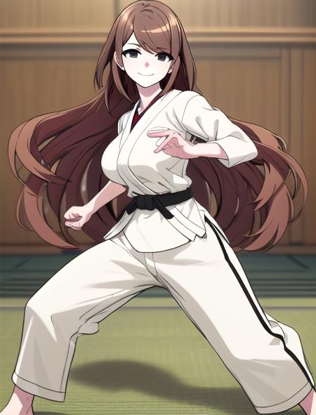 best quality, masterpiece, highres, detailed, digital artwork, <lora:Detail - add_detail:0.2>, JudoCh, dougi, black belt, white pants, dojo,  <lyco:Change - JudoCh:0.8>, fighting stance, brown hair, black eyes, empty eyes, evil smile, EikoHozuki, <lora:Character - EikoHozuki:0.9>, long hair, medium breasts