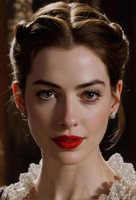(Anne Hathaway),victorian era hungarian female xix century female, hazel hair, red lips, pretty features, Wadim Kashin, James Gurney, Ink, splash art", amazing beauty , Royo, Bak, hyperdetailed Splash artmodern European ink painting, Movie Still, Film Still, Cinematic, Cinematic Shot, Cinematic Lighting