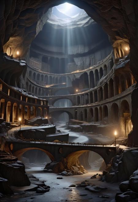 <lora:JJsUnderGroundBuilding_XL:1>,   ((UnderGround Building)), ((masterpiece)), ((best quality)), scenery, real world location,  realistic, dramatic lighting, high detailed, center composition, ,scenery, dramatic lighting, best quality, hyper detailed, ultra detailed, ultra high definition, 8k, super sharp focus, golden ratio, great detail of textures, night,sky, building,  indoor lighting,road,ice, river, mountain, bridge, moon, blizzard, torch, snow,