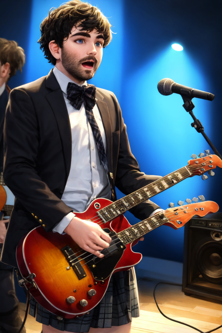 <lora:Alex_Brightman:.7> Alex Brightman, ((masterpiece)), music, instrument, playing instrument, guitar, electric guitar, jacket, shoes, shirt, shorts, plaid, neon lights, holding instrument, socks, black jacket, sneakers, skirt, bowtie, stage, holding, white shirt, short hair, multiple boys, english text, plaid skirt, bow, male focus, singing, bass guitar, black bowtie, realistic, parody, 1boy, facial hair, black hair, long sleeves, amplifier, blazer, standing, fat, lyrics, open clothes, plectrum, 1girl, full body, necktie, mustache, jewelry, kneehighs, black bow, concert, acoustic guitar, open jacket, real life insert, 2boys, print shirt, collared shirt, rule of thirds, best light and shadow, ((grunge aesthetic)), (beautiful detailed eyes), (extremely detailed),((best quality)), rim lighting,