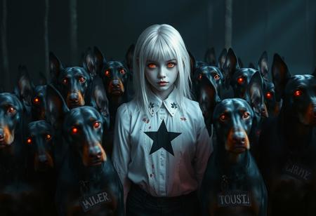 Photograph of a pale girl with white hair and blood splattered on her white blouse stares at the viewer with a haunting gaze. Her blouse has a black motive of a 5 point star in her chest. Her eyes glow in red. She is surrounded by 12 blue dobermans with glowing red eyes. Each doberman has glowing red eyes and wears a tag with a unique name on its chest. The scene is set in a dark swamp. Refracted light, subsurface scattering, caustic lighting