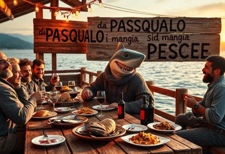 An Italianized humanoid shark named ‘Pasqualo,’ with a muscular body, gray shark-like skin, and sharp teeth, sits at a large wooden table on a seaside pier during sunset. He has black eyes, a prominent dorsal fin, and a friendly grin. Dressed in a rugged fisherman’s outfit, including a weathered wool sweater, rolled-up pants, and boots, Pasqualo blends seamlessly into the scene with his human fisherman friends. They laugh and chat around the table, their sun-baked skin and salt-worn clothes reflecting a life spent at sea.
The table is covered with rustic Italian seafood dishes: grilled fish, steaming bowls of pasta, crusty bread, and wine bottles. Half-filled glasses suggest recent toasts, and plates are scattered in a laid-back, festive atmosphere. Overhead, warm string lights cast a golden glow on the gathering.
In the background, a large wooden sign, slightly worn and hand-painted, reads ‘da PASQUALO si mangia PESCE.’ It’s mounted on a weathered post with a couple of seagulls perched on top. The sea behind them is calm, with fishing boats gently rocking in the harbor. The setting captures the authentic feel of an old Italian coastal town, with Pasqualo smiling and enjoying the meal with his closest friends, blending the fantastical with the familiar and realistic.