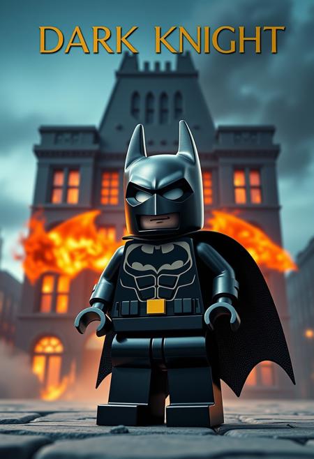 "Hyper-realistic parody movie poster in the style of the classic film dark knight batman, but with a adorable twist. lego batman is standing in front of building, the building is on fire with the bat symbol shape. Style: extremely detailed, hyper-realistic, and humorously adorable, with a focus on capturing the playful, lighthearted atmosphere of a parody poster."