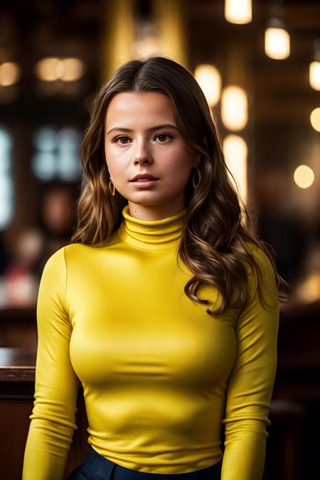 photo of extremely sexy (n3ub4u3r-140:0.99), a woman as a sexy student, closeup portrait upsweep updo, (yellow tight long sleeve turtleneck top), at a cantina sitting bar (masterpiece:1.5) (photorealistic:1.1) (bokeh) (best quality) (detailed skin texture pores hairs:1.1) (intricate) (8k) (HDR) (wallpaper) (cinematic lighting) (sharp focus), (earrings)