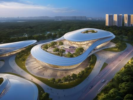 <lora:JJsCurvyArchitecture_XL:1>,((CurvyArchitecture)) , ((best quality)),((masterpiece)),((realistic)), outdoors, cloud, blue sky, no humans, building, scenery, city, cityscape, skyscraper,  center composition, park,  car, tree, dramatic lighting,