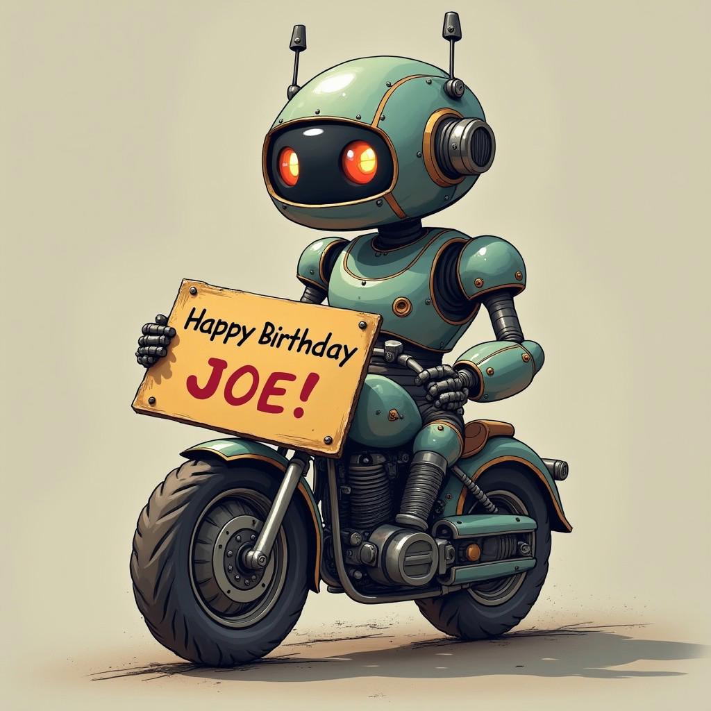 A motorcycle looking robot holding a sign that says "Happy Birthday Joe!"