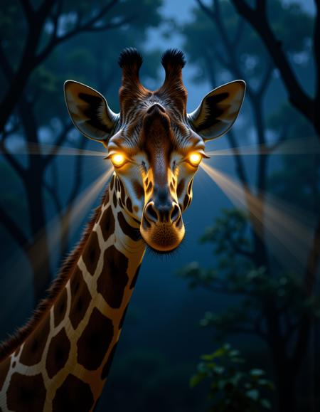 detail illustration. Surrealism.
dark fantasy aesthetic, digital artwork of a futuristic, natural colors, , epic.  luminescence, ultra realistic, hyper detailed, soft lighting , epic scale.
(detailed digital painting, detailed oil painting). 

Africa. Night. Savannah. Giraffe. A giraffe has light rays radiating from its eyes, illuminating the space.. an otherworldly atmosphere...

(Depth of field), low saturation, detail. mythp0rt Stylish, charismatic. fog.

 Frank Frazetta
