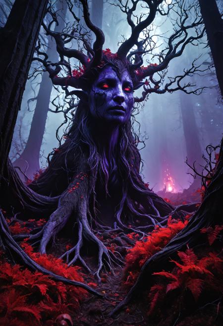 Dryad, corrupted forest, decaying trees, twisted branches, blackened bark, glowing red cracks in skin, dying leaves, cursed soil, thick violet fog, toxic mushrooms, rotting vines, dark magic aura, eerie atmosphere, cinematic shadows, masterpiece, ultra detailed, high quality, fantasy horror illustration, glowing spores, ambient corruption