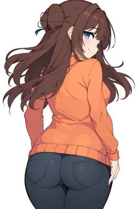 PEANUTCRUSHCRUSH, 1GIRL, SOLO, BROWN HAIR, SMILE. BLUE EYES, ORANGE SWEATER, PANTS, SINGLE HAIR BUN, HAIR BUN, LONG HAIR, MULTICOLORED HAIR, SHIRT,