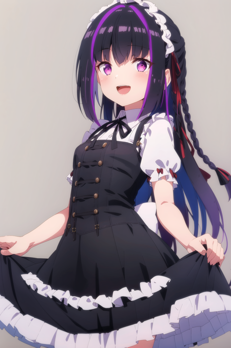 1girl, solo, purple eyes, purple hair, smile, long hair, streaked hair, multicolored hair, short sleeves, puffy sleeves, puffy short sleeves, hairband, shirt, frills, skirt hold, dress, looking at viewer, open mouth, :d, white shirt, blush, floral background, frilled hairband, black dress, bow, bangs, collared shirt, black bow, hairband, black hairband, skirt, fashion, braid, black skirt, very long hair, teeth, dress shirt, hair bow, curtsey, grey background, neck ribbon, ribbon, vest, frilled dress, center frills, pinafore dress, black ribbon, upper teeth only, white background