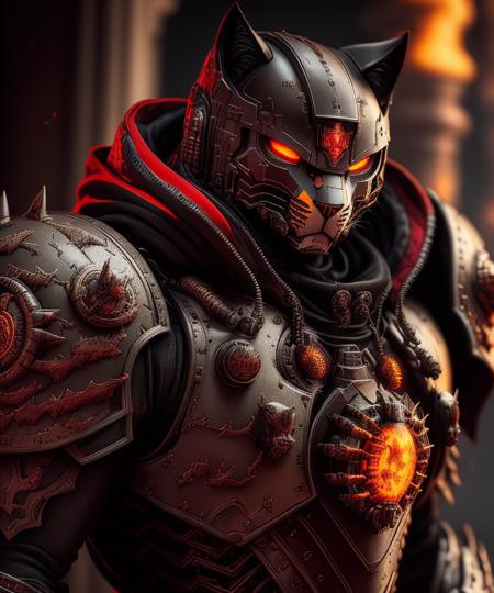 Cat in power armor-hoodie adeptus mechanicus, eyepieces, finely detailed armor, looking away, encrusted with skulls, black and red, warhammer 40k, dark tones, fire burning rome empire in the background, sparks, cinematic lighting, hyper realistic instricate designs <lora:fusionart_v3:0.85>