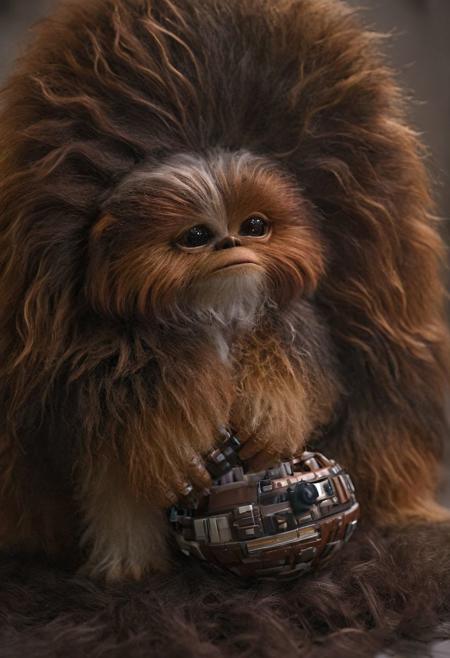 amazing quality, masterpiece, best quality, hyper detailed, ultra detailed, UHD, perfect anatomy, portrait, dof, hyper-realism, majestic, awesome, inspiring, - a fluffy cute #giz# gizmo( inspirated in Chewbacca:2.3),  cinematic composition, soft shadows, national geographic style,