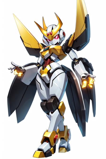 solo digital image of a humanoid robot (MedabotV2) with halo horns, no mouth and sharp angular body and wings with 2 arms, 2 hands, 2 legs, and glowing parts, looking at viewer in full view with a random pose, symmetrical body, symmetry, white background, simple background, 