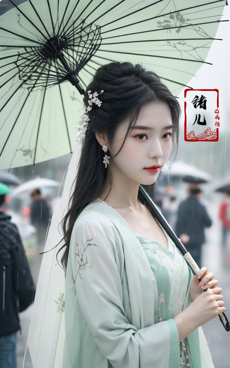 A woman holds a oil-paper umbrella on her shoulder to shelter from the rain as part of a fashion event in the style of Yue Xiaofei, light jade, ethereal dream, Tang Youhong, elegant, detailed design, dansaekhwa
Joil-paper umbrellachinese clothesholding umbrellarain
<lora:~Q?-ON-Noil paper umbrella:0.9>