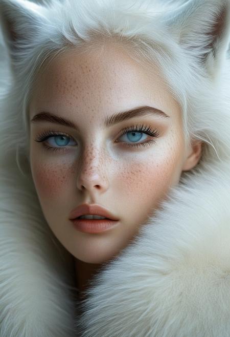 The image is a hyper-realistic digital artwork created in a photorealistic style, focusing on a close-up portrait of a young woman with striking, ethereal features. She has pale, almost translucent skin with a subtle, delicate scattering of freckles across her cheeks and nose. Her piercing, almond-shaped eyes are a striking light blue, almost glowing in the soft, ethereal lighting. Her hair is platinum blonde and wild, cascading over her face and shoulders, blending into the white fur of a large, mystical-looking white fox that wraps around her face and neck.rockabilly style, realistic, 1girl, looking at viewer, wolf, slit pupils, animal, close-up, solo, white hair, portrait, 1950's