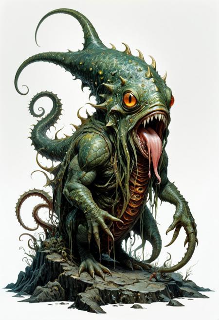 full body, lineart, concept art, a misshapen, beefy slug-like monster stands on a tentacle-like foot, glowing eyes, tentacle-like tongue, big teeth, watercolor wash, approaching perfection, pure form,  minimalistic, unfinished, concept art by Brian Froud and Carne Griffiths, intricate details, 8k post production, high resolution, hyperdetailed, trending on artstation, sharp focus, studio photo, intricate details, highly detailed, by greg rutkowski<lora:xl_more_art-full_v1:0.5>
dungeon and dragon , fantasy,  detailed_eye_model, white background, green red yellow