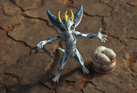 "Create a 4K, exceptionally detailed digital art of a Feral Imp in a dynamic action pose, adorned with blue and yellow accents on a white body, with a ground erosion in the background. The Imp, standing confidently, has outstretched arms, holding a wrench and standing near a clear fur container with additional details. Aim for vibrant colors, sharp lines, and a balanced, well-timed composition. Consider an isometric view and use Octane Render or Unreal Engine 5 for a captivating, realistic look. Include a powerful message, vivid emotions, and beautiful detailed eyes. Submit to CGSociety or Artstation for trending consideration."