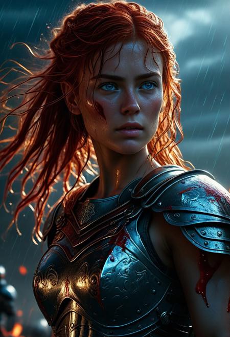 Ultra detailed digital art masterpiece Warrior girl dressed in a iron Armor and red mini skirt, Standing on a battlefield at the head of an army of knights, where a bloody slaughter is taking place, standing in battle pose, a dark epic fantasy, perfect lighting, beautiful Sadie Sink as Warrior girl, attractive woman, elegant, beautiful woman of athletic body, shot of the whole Warrior girl, unreal engine 5 nanite quality, dark fantasy, dark environment, very stormy day, LOTR style, dark washed out eyeliner, no make up, natural bloody pale face, realistic blue eyes, ultra detailed atmospheric details, beautiful glowing effects, sparkle effects, realistic body proportions, beautiful face proportions, complex masterpiece, wavy red hair, creative glowing detailed tattoos, complex physics, enhanced colors, complimentary colors, ultra detailed raytracing reflections, Ultra detailed complex background, environment feels alive, direct eye contact, dramatic lighting, wet and sweaty skin, beautiful firm Breasts, Daylight, Concept art by Greg Rutkowski, adding to the intense and dynamic atmosphere of the scene.
