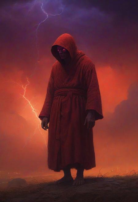 digital artwork by Beksinski, vibrant colors, red theme, purple theme, night, monk, glowing eyes, thunderstorm