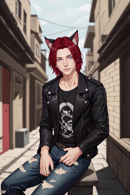 Chris_Xvoor,  1boy,  male focus,  solo,  looking at viewer, ,  blue eyes,  black hair,  animal ears,  sitting,  jacket,  red hair,  outdoors,  day,  pants,  cat ears,  blurry,  black jacket,  torn clothes,  blurry background,  denim,  jeans,  leather,  torn pants,  leather jacket,  torn jeans,  denim jacket,  upper body,  specular highlights,  detailed face,  detailed eyes,  detailed hair,  textured hair,  rim lighting,  extreme light and shadow,  masterpiece,  official art,  portrait, <lora:EMS-47371-EMS:0.500000>