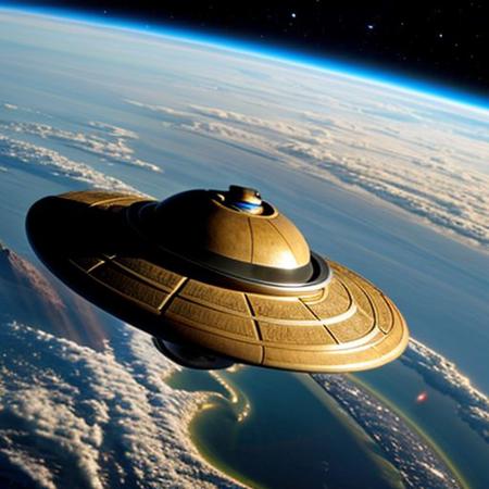 Alien saucer shaped spaceship in Earth's orbit