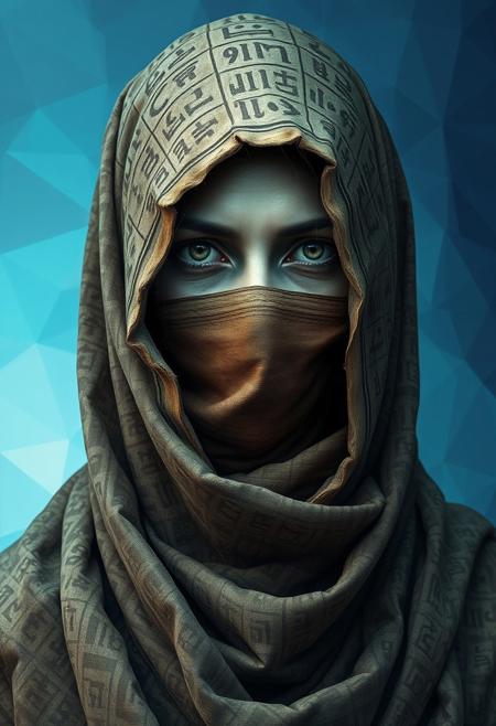 an ancient, cloaked female figure with piercing eyes, face covered in dust and dirt, their face wrapped in fabric adorned with extremely intricate hieroglyphs, set against an abstract, polygonal blue gradient background. The cloth appears worn and frayed, with strands of cobwebs catching the light, evoking a sense of age and decay. The background’s geometric facets shift from light to dark blue, creating a sense of depth that feels cold and detached, as if the figure exists within a frozen, digital void. Every wrinkle, stitch, and symbol on the fabric is detailed, revealing a story etched into the cloth. The icy blues of the background offer a stark contrast, amplifying the figure’s ancient aura. This composition weaves together themes of antiquity and futurism, drawing the viewer into a world where the past is preserved within a crystalline digital space.