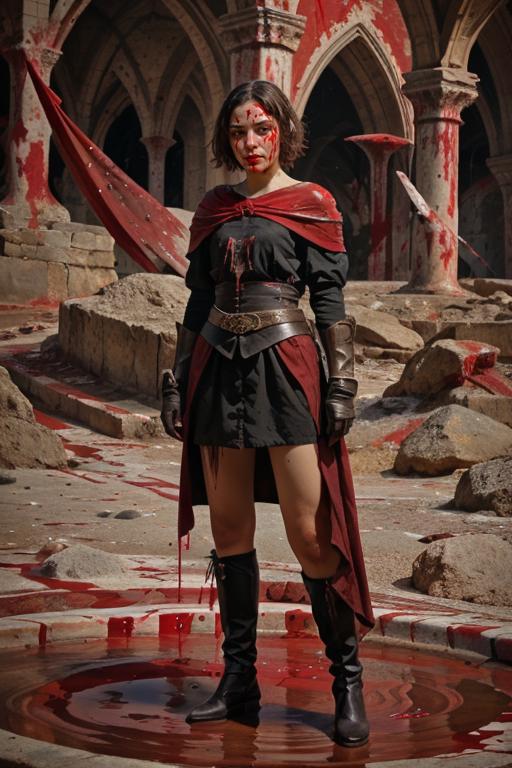 A woman dressed in a red robe and black boots standing in a bloody area.