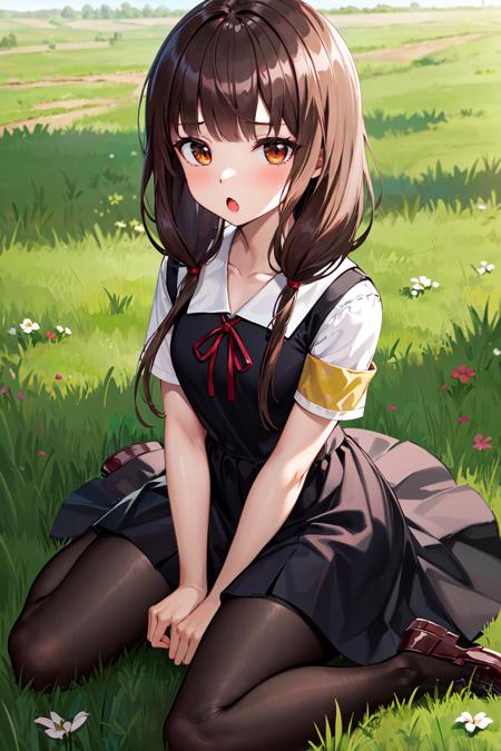 masterpiece, best quality, highres, aamiko, long hair, low twintails, blunt bangs, collarbone, neck ribbon, red ribbon, pinafore dress, short sleeves, armband, black pantyhose, <lora:iino_miko_v1:0.8>, :o, grass, field, wariza,