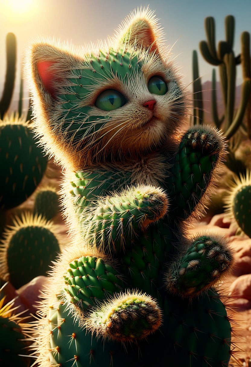 A tiny kitten covered in soft, green cactus spikes, playfully pawing at a desert flower. Its fur blends into prickly pear textures, making it a perfect mix of cute and thorny. Sunlight filters through a surreal desert garden, glowing golden. Whimsical, fantasy realism, ultra-detailed, soft lighting.