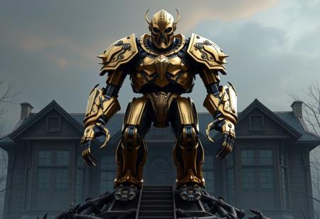 Create a highly detailed, 8k resolution digital of a strong and imposing exoskeleton Goliath standing on a Cursed Dollhouse. The Goliath should wear golden full-body armor, with a face resembling that of an armored villain. The artistic style should blend elements of Tim White, Alphonse Mucha, and Artgerm, with a focus on grimdark vibes and cinematic lighting. The character should be depicted in a warm greeting pose, with a focus on showcasing the intricate details of the exoskeleton and armor. Incorporate micro and lifelike details, adhering to the golden ratio and hyper-realistic principles. Style the artwork to be reminiscent of a final boss or a masterpiece, with the potential to trend on Artstation.