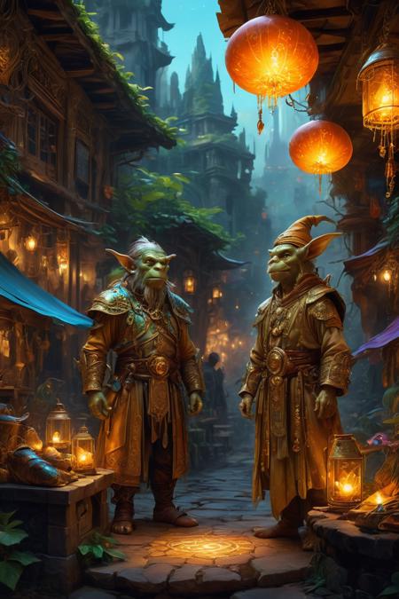 Atmosphere and Setting
Lighting: The market is dimly lit, with warm, golden hues emanating from hanging lanterns and glowing orbs suspended in the air. The light flickers across the stone walls, creating dancing shadows that add to the mysterious atmosphere.
Architecture: The architecture is an eclectic mix of ancient and fantastical styles. Arched stone ceilings are supported by intricately carved columns, and the walls are adorned with mystical symbols and runes. The pathways are cobblestone, winding through the market like a labyrinth.
Market Stalls and Vendors
Stalls: The market is filled with stalls and booths overflowing with exotic goods. Some stalls display enchanted artifacts, glowing crystals, and rare spell ingredients, while others sell hand-crafted jewelry, weapons forged from magical metals, and vibrant textiles.
Vendors: The vendors are a diverse collection of creatures, each with unique appearances. Trolls with warty skin and large tusks, goblins with sharp teeth and mischievous grins, and elegant elves with ethereal features all peddle their wares. They barter in hushed tones, their eyes watching the crowd with a mixture of curiosity and caution.
Creatures and Visitors
Diverse Beings: The market is alive with a variety of creatures, each more fantastical than the last. Faeries with iridescent wings flit about, dwarves haggling over prices, and otherworldly beings with shimmering scales or flowing robes navigate the throng.
Clothing and Adornments: Many creatures wear richly colored garments, adorned with jewels and intricate embroidery. Others sport armor made from strange materials, reflecting their unique cultures and backgrounds.
Overall Ambiance
Sounds: The air is filled with a cacophony of sounds: the clinking of coins, the hum of conversation in multiple languages, and the occasional growl or chirp from a creature. Musical notes drift through the air from a hidden bard, adding a whimsical touch to the scene.
Scents: The market is a sensory overload, with the scent of exotic spices, incense, and the earthy aroma of the underground mingling in the air.
Mystical Elements: Occasional bursts of magical energy illuminate the scene as spells are cast or items are tested. Floating globes of light and enchanted signs guide visitors through the maze-like pathways.  <lora:extremely_detailed:1> <lora:SDXLFaeTastic2400:1>