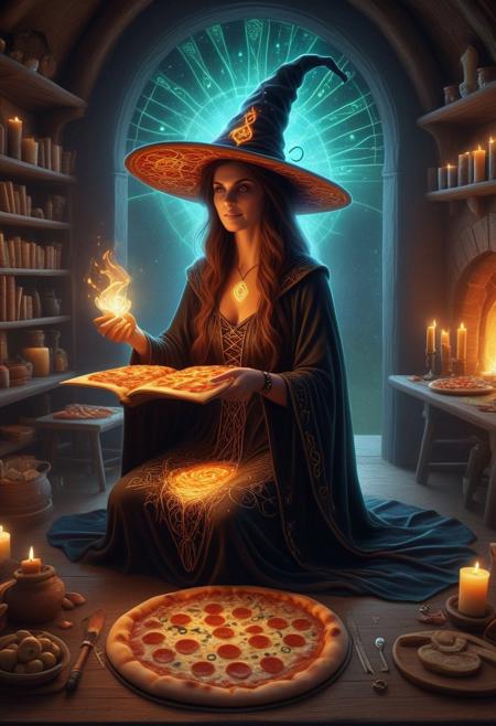 A highly detailed and enchanting digital illustration of a witch seated at a table with a magical pizza glowing softly in front of her. The witch has a mysterious and elegant appearance, wearing a traditional pointed hat adorned with glowing runes and a dark, flowing robe. In one hand, she holds an ancient spellbook with mystical symbols and pages that seem to shimmer with enchantment. In the other hand, she conjures a swirling, glowing magic portal that radiates vibrant colors and energy. The setting is a cozy, mystical room with shelves of potions, spell ingredients, and glowing candles, adding a magical ambiance. The pizza on the table emits a faint, magical aura, as if imbued with mystical properties. The overall style is whimsical yet detailed, evoking a sense of magical wonder. pizzasdx