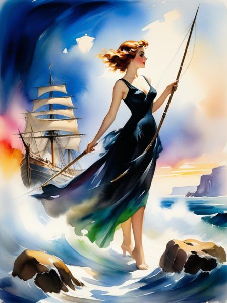 <lora:10NaturalismPainting_Hap_XL:1.5>, Thomas Moran style,oil painting,nature,landscape, cuphead video game style, 1930s cartoon, hand drawn, watercolor backgrounds, rubber hose animation ready to face whatever challenges lie ahead. the winds whisper tales of adventure and mystery, a ship sails with grace and poise, she holds a small harpoon, hinting at the arrival of winter. the tree branches stretch out like skeletal fingers, inspired by the abstract painting, a simple black dress that contrasts with the vibrant colors of the scene. in her handï¼