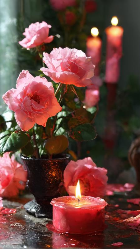 <(score_9,score_8_up,score_7_up,score_6_up,score_5_up,score_4_up):1.0>,
<(A fluffy silky octane render in the style of Timothy Thirst; It depicts a room filled with black candles and pink roses, the candles all melted halfway with the pink roses radiating a soft glow from within, creating an ethereal and dreamlike atmosphere):1.0>,
<(The colors and textures are rich and deep, perfect for any high-end art poster or print):0.9>
 <lora:add-detail-xl:1>,
 <lora:MJ52:1>