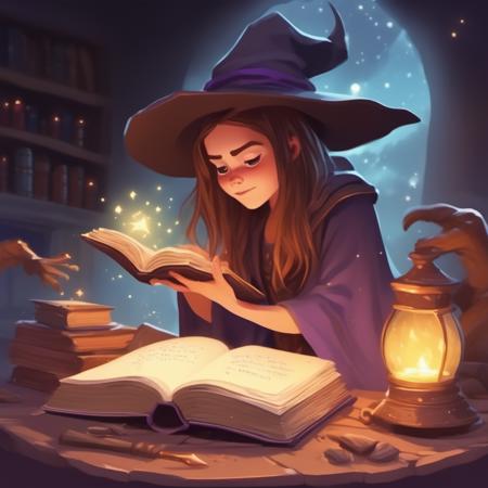 apprentice witch discovering a spellbook for the first time and being curious and fascinated, cute, sweet